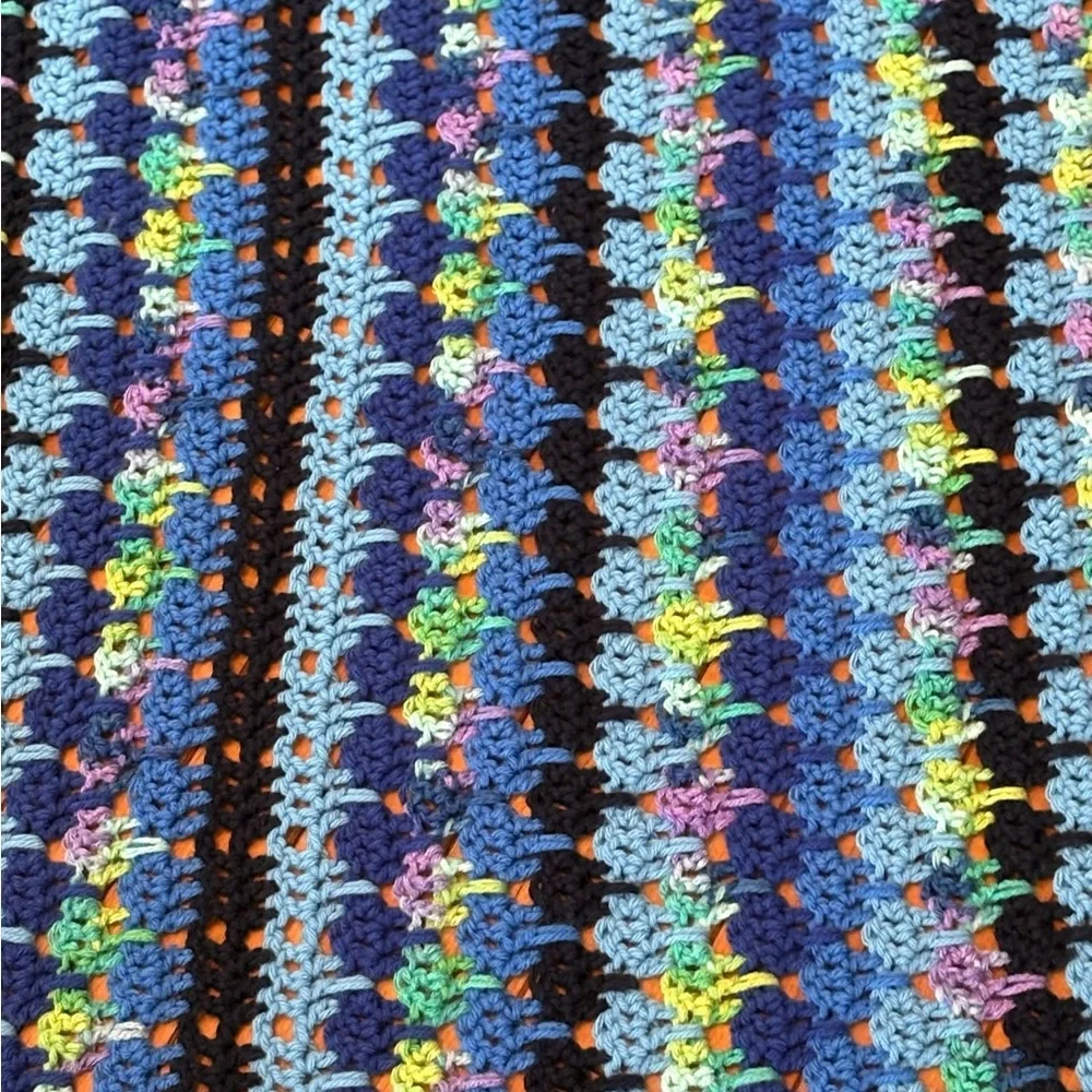 Handmade Blue Multicolor Crochet Afghan Blanket Scalloped Rectangle Multicolor